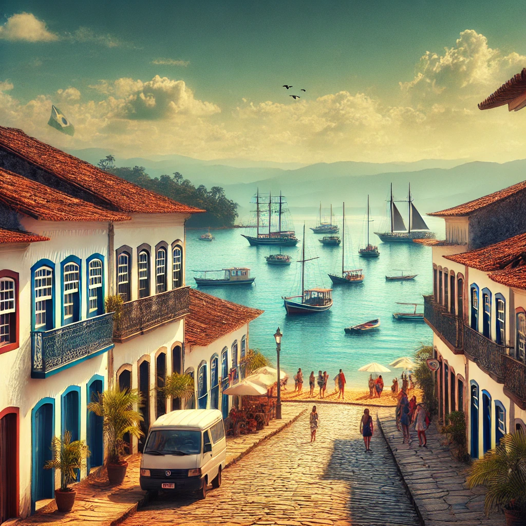 Imagem da arquitetura colonial de Paraty com barcos ancorados ao fundo e turistas passeando pelas ruas de paralelepípedos, representando um roteiro de 3 dias na cidade.