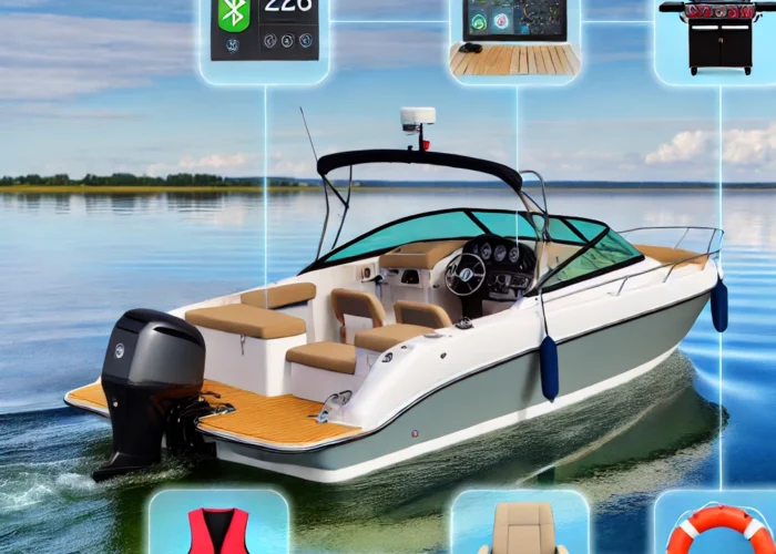 Lancha moderna navegando em águas calmas com acessórios como sistema de som Bluetooth, churrasqueira portátil e cadeiras confortáveis, além de itens de segurança como coletes salva-vidas e GPS de navegação.