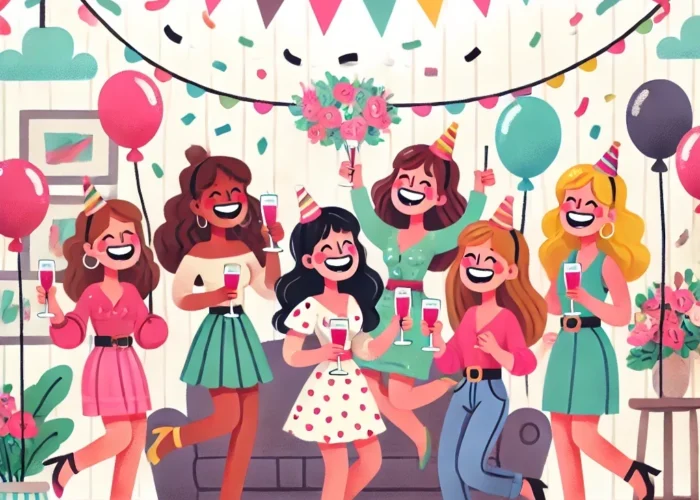 Ilustração em estilo cartoon de uma festa de despedida de solteira com um grupo de mulheres celebrando em um quarto festivo, decorado com balões coloridos, serpentinas e bandeirinhas na paleta de cores da imagem. As mulheres estão rindo, segurando bebidas e vestindo roupas divertidas de festa. A cena é colorida e alegre, capturando a atmosfera de celebração.