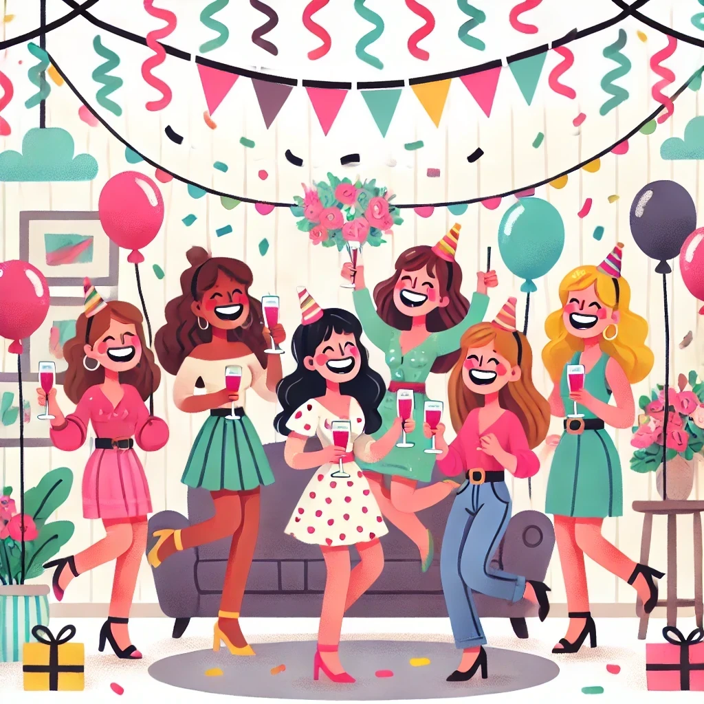 Ilustração em estilo cartoon de uma festa de despedida de solteira com um grupo de mulheres celebrando em um quarto festivo, decorado com balões coloridos, serpentinas e bandeirinhas na paleta de cores da imagem. As mulheres estão rindo, segurando bebidas e vestindo roupas divertidas de festa. A cena é colorida e alegre, capturando a atmosfera de celebração.