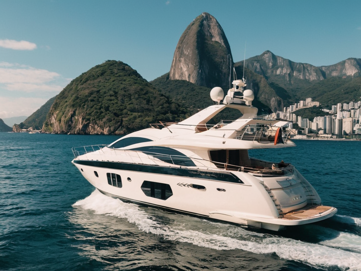 Barco navegando nas águas cristalinas do Rio de Janeiro, com o Pão de Açúcar ao fundo e pessoas aproveitando o passeio sob um céu ensolarado.