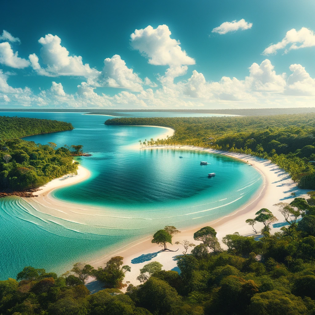 Vista deslumbrante de Alter do Chão, Pará, com águas claras, praias de areia branca e vegetação exuberante ao redor.