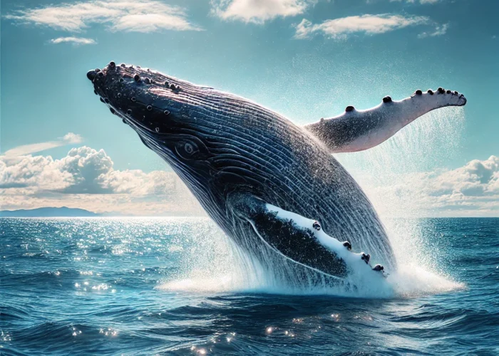 Baleia-jubarte emergindo da água em um salto espetacular, rodeada por respingos, em um dia ensolarado no oceano.