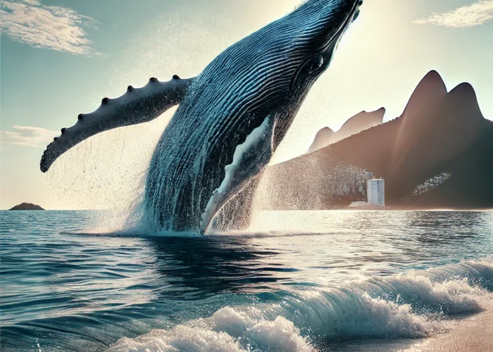 Baleia majestosa emergindo do oceano com a costa brasileira ao fundo.