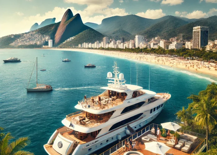 Un yate de lujo navegando en las aguas tranquilas de Barra da Tijuca, Río de Janeiro, con el impresionante paisaje de la ciudad y montañas verdes al fondo.
