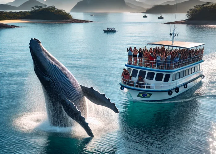 Baleia emergindo na superfície da água perto de um barco na costa brasileira com turistas tirando fotos.