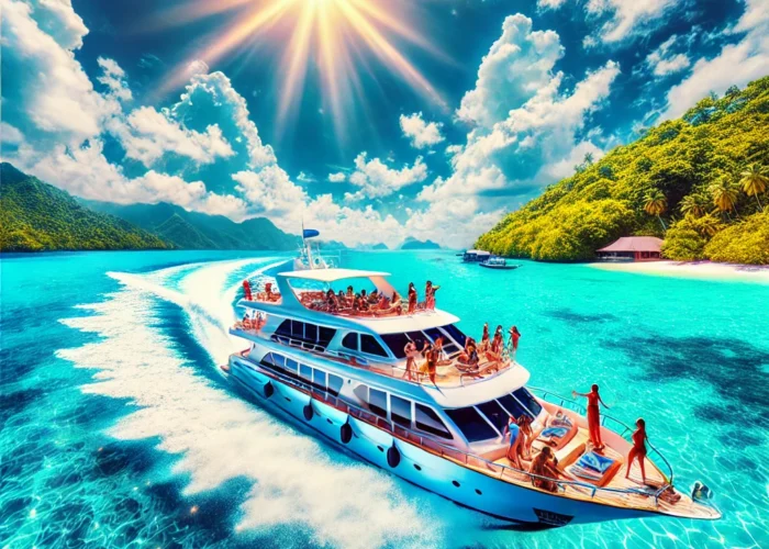 Cena vibrante de um passeio de barco em um paraíso tropical, com um iate luxuoso navegando em águas turquesas cristalinas, pessoas aproveitando o sol no deque, ilhas verdes ao fundo e céu azul com algumas nuvens fofas.