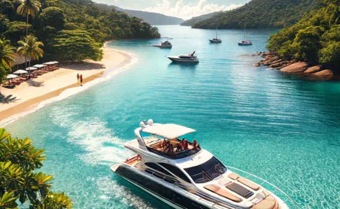 Lancha de luxo ancorada perto de uma praia em São Sebastião, Brasil, com águas cristalinas, vegetação tropical e céu ensolarado.