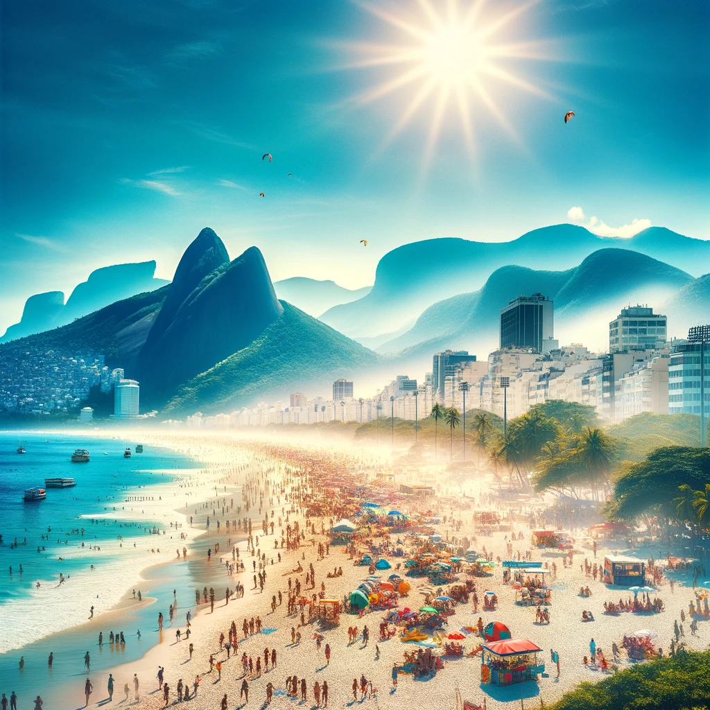 Vista animada da Praia de Ipanema, Rio de Janeiro, com a praia cheia de pessoas e o Morro Dois Irmãos ao fundo.