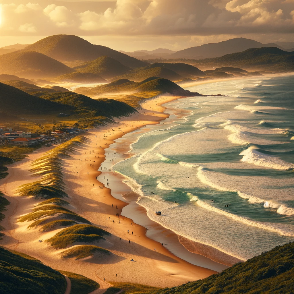 Cena bonita da Praia do Rosa, Santa Catarina, com ondas fortes, areia dourada e colinas verdes ao fundo.