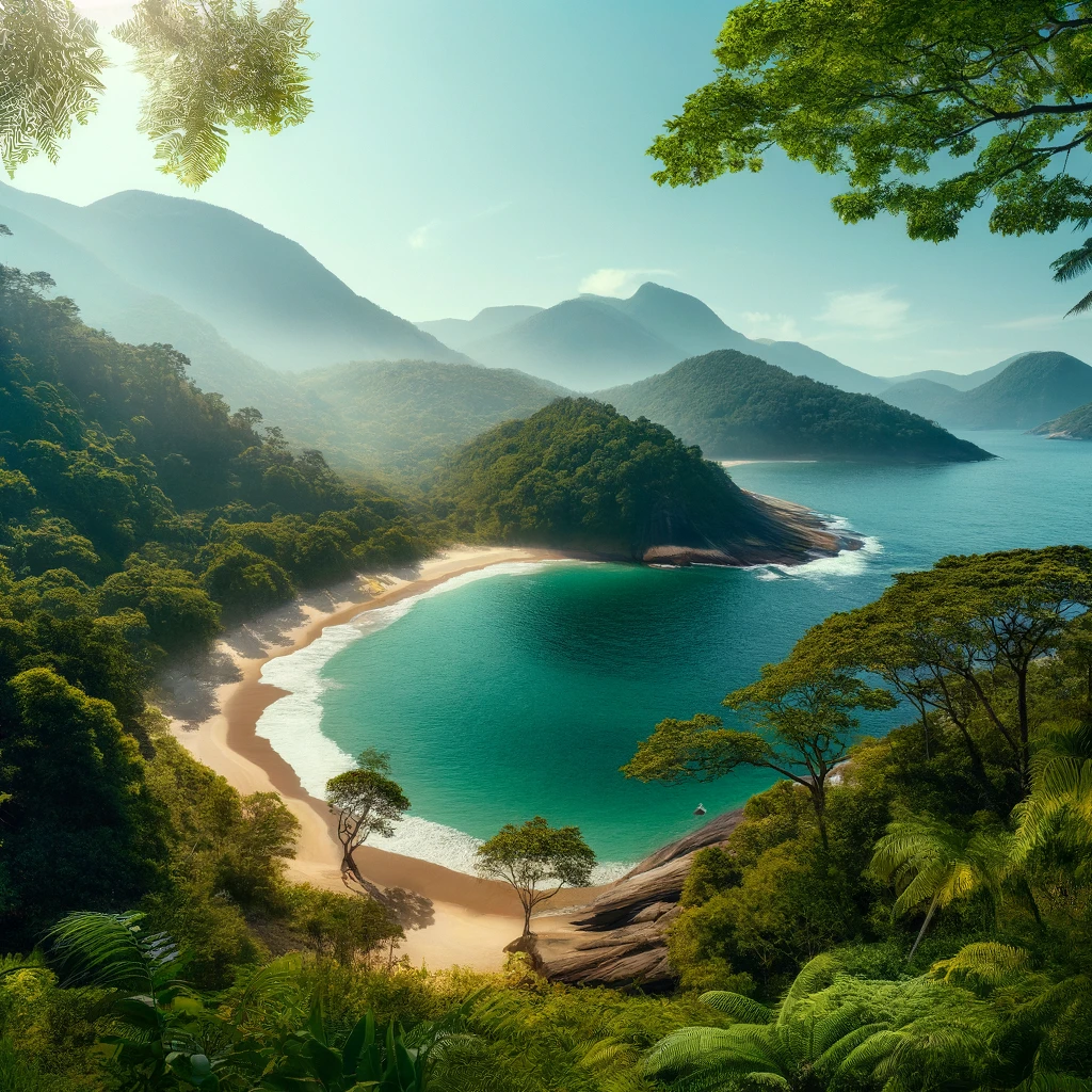 Vista serena da Praia do Sono, Rio de Janeiro, com vegetação exuberante, águas claras e uma praia intocada.