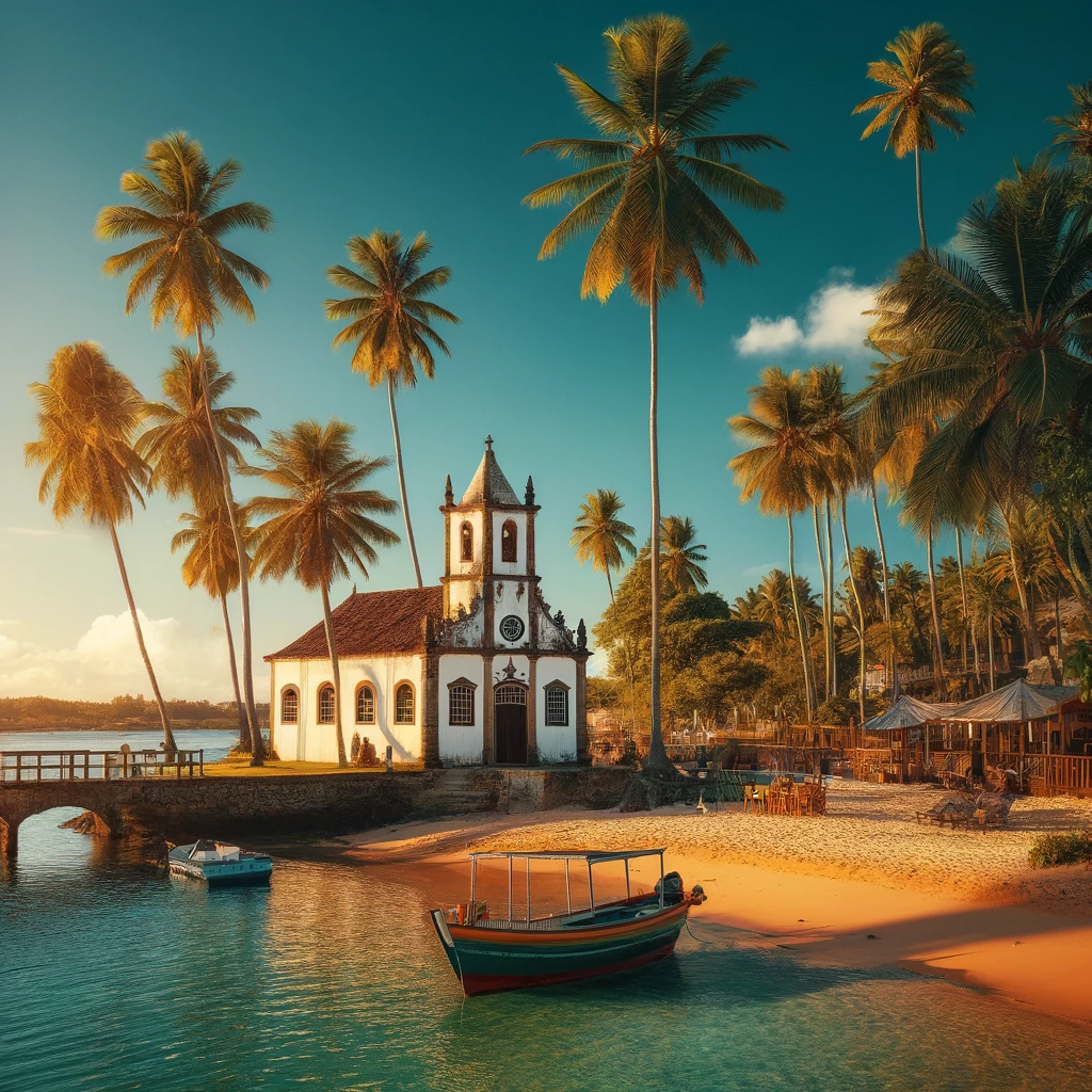 Cena pitoresca da Praia dos Carneiros, Pernambuco, com águas calmas, palmeiras altas e a igreja de São Benedito ao lado da praia.