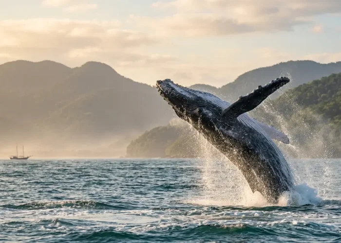 Baleia-jubarte saltando fora d'água no litoral brasileiro durante a temporada de observação