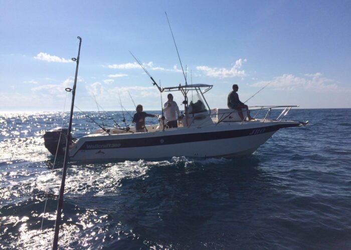 Lancha Wellcraft 275 navegando em mar aberto com três pescadores a bordo e varas armadas