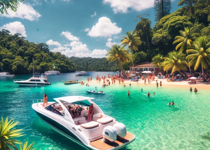 Uma lancha branca ancorada na Lagoa Azul em Angra dos Reis, cercada por água turquesa e vegetação tropical, em um dia ensolarado.