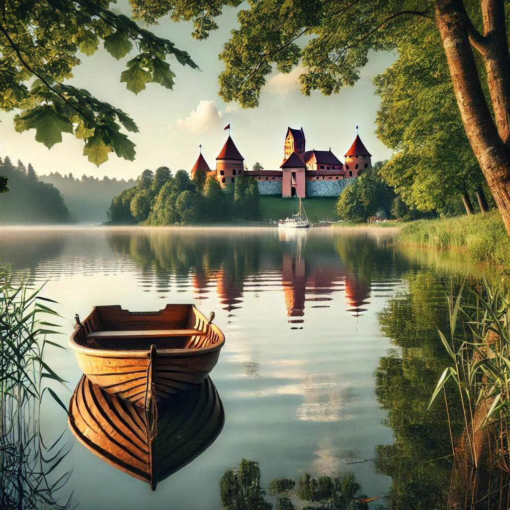 Vista tranquila do Lago Trakai na Lituânia, com um barco flutuando suavemente e o Castelo de Trakai ao fundo.