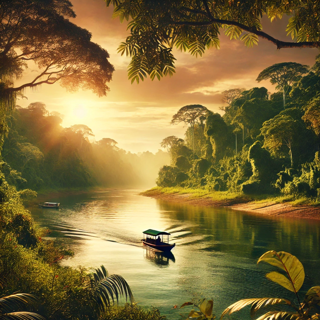 Vista de um rio na floresta amazônica no Acre, Brasil, com um pequeno barco navegando suavemente, cercado por vegetação exuberante ao pôr do sol.