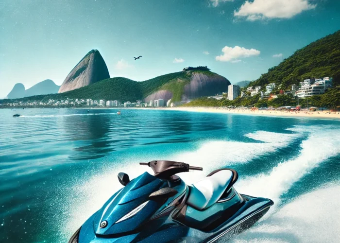 Jet Ski moderno sobre as águas azuis de Rio de Janeiro, com o Pão de Açúcar ao fundo e céu claro.