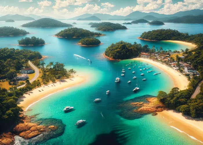 Vista aérea deslumbrante de Angra dos Reis, Brasil, mostrando águas turquesa cristalinas, praias de areia dourada e ilhas verdes exuberantes, destacando a beleza natural da região.