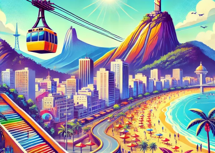 Vista vibrante das principais atrações turísticas do Rio de Janeiro, incluindo o Cristo Redentor, o Pão de Açúcar, as praias de Copacabana e Ipanema, além da Escadaria Selarón em um dia ensolarado.