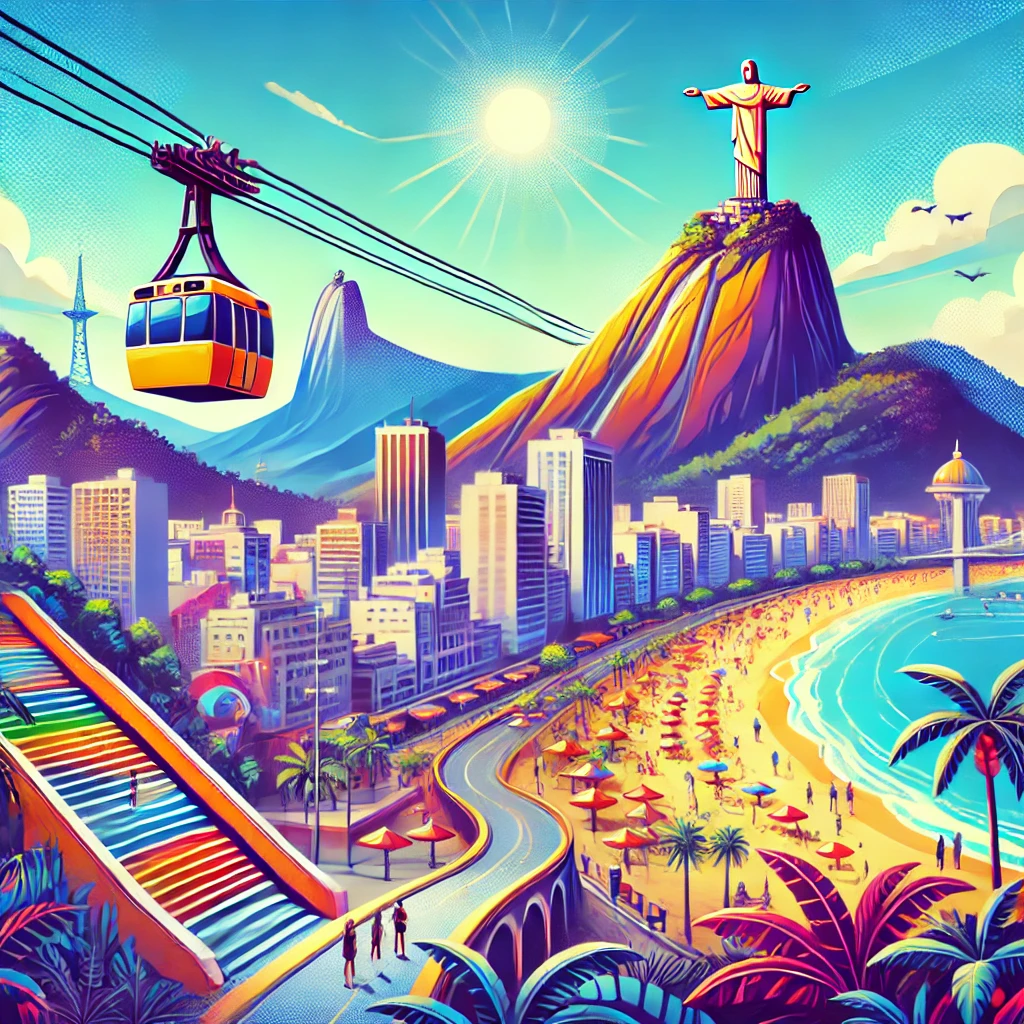 Vista vibrante das principais atrações turísticas do Rio de Janeiro, incluindo o Cristo Redentor, o Pão de Açúcar, as praias de Copacabana e Ipanema, além da Escadaria Selarón em um dia ensolarado.