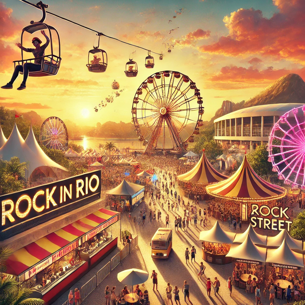 Imagem vibrante do Rock in Rio, destacando atrações como roda gigante, tirolesa, áreas temáticas como Rock Street, e barracas de comida durante o pôr do sol, com o palco principal ao fundo.