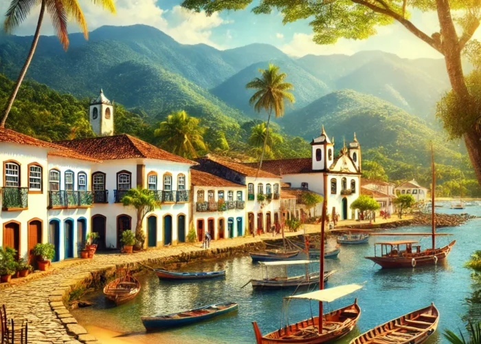 Vista do centro histórico de Paraty com barcos e paisagem natural ao fundo, representando as melhores atrações turísticas de Paraty