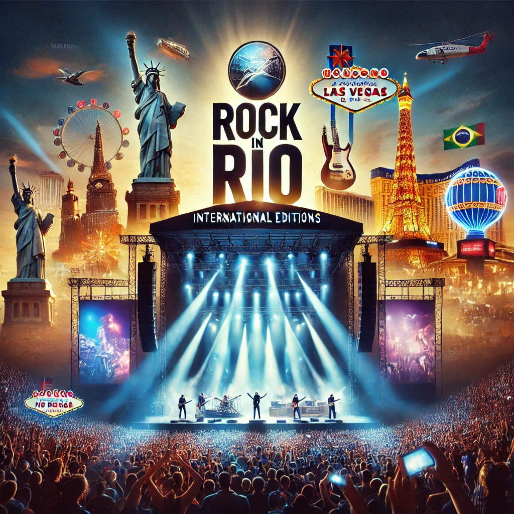 Cena vibrante de um show do Rock in Rio, com uma grande multidão curtindo a apresentação. O palco iluminado exibe o logotipo do Rock in Rio, enquanto marcos icônicos como o Cristo Redentor, a Torre Eiffel e a Las Vegas Strip aparecem ao fundo, representando a presença global do festival.