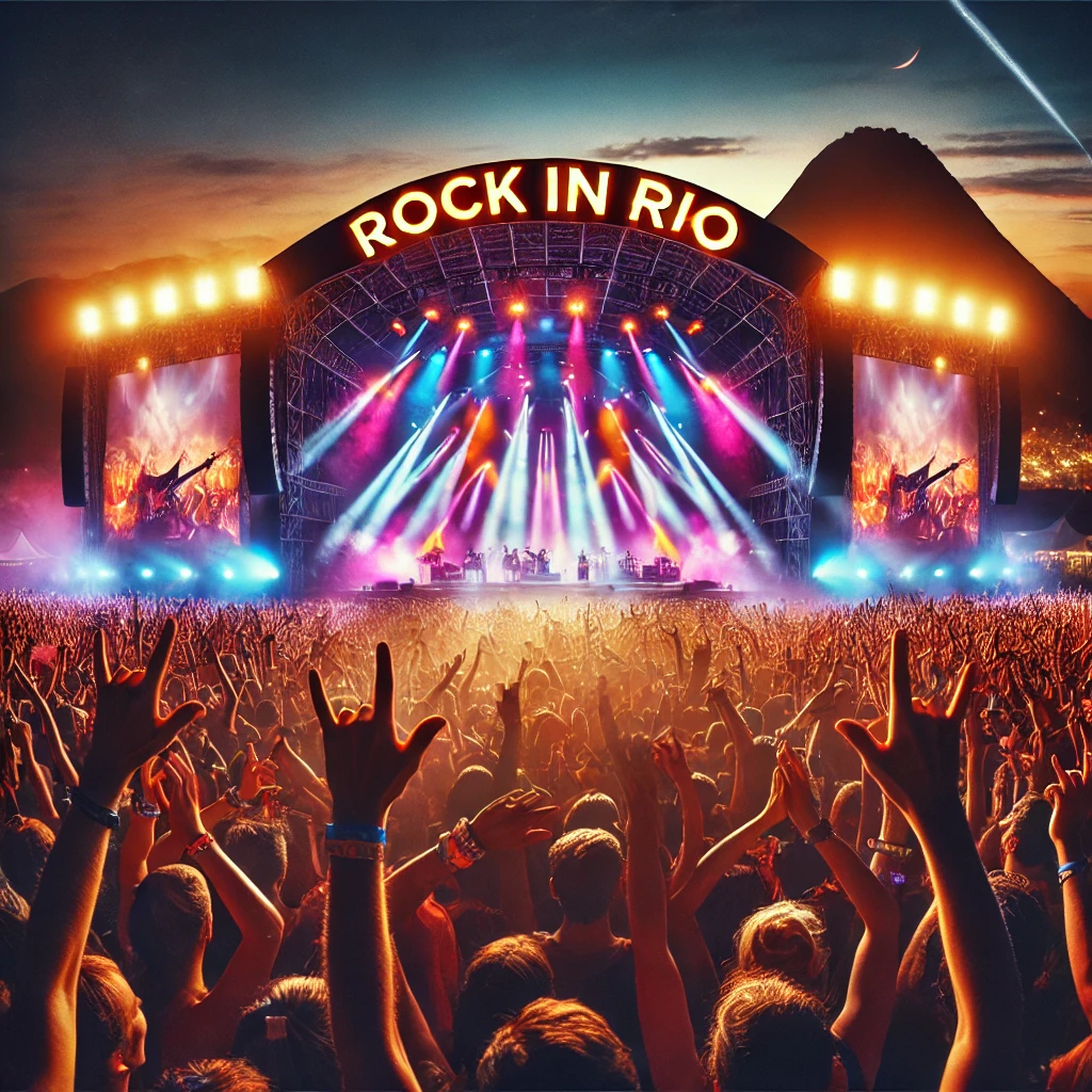 Imagem de uma multidão vibrante no Rock in Rio, capturando a energia e emoção do festival, com o palco ao fundo e luzes coloridas iluminando o cenário, representando a atmosfera alegre e festiva.