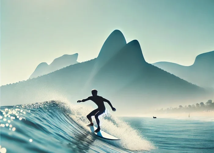 Surfista em ação, pegando uma onda nas águas do Rio de Janeiro, com o Pão de Açúcar ao fundo em um dia ensolarado.