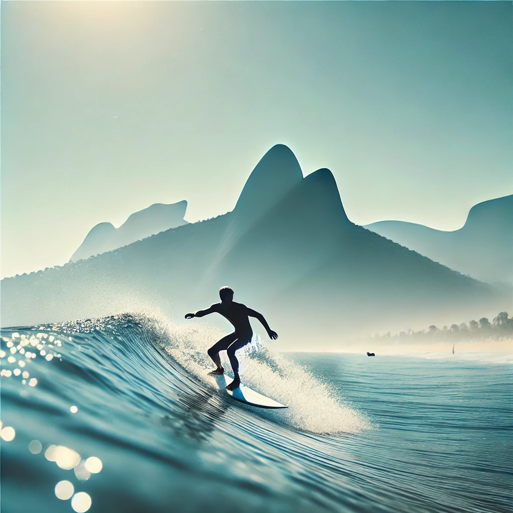 Surfista em ação, pegando uma onda nas águas do Rio de Janeiro, com o Pão de Açúcar ao fundo em um dia ensolarado.