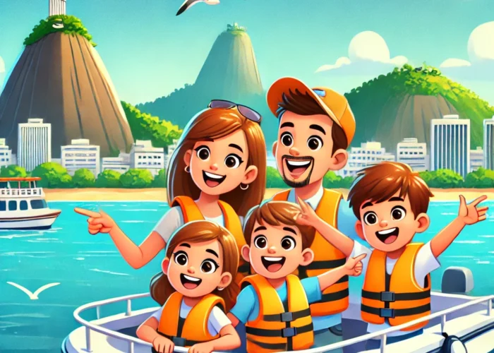 Família sorridente aproveitando um passeio de barco na Baía de Guanabara, com o Pão de Açúcar e o Cristo Redentor ao fundo, sob um céu ensolarado.
