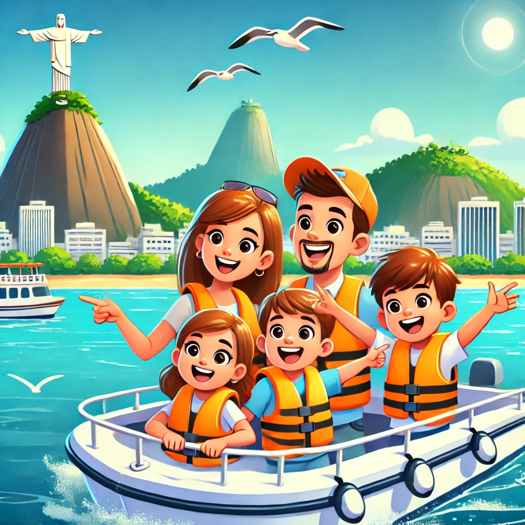 Família sorridente aproveitando um passeio de barco na Baía de Guanabara, com o Pão de Açúcar e o Cristo Redentor ao fundo, sob um céu ensolarado.