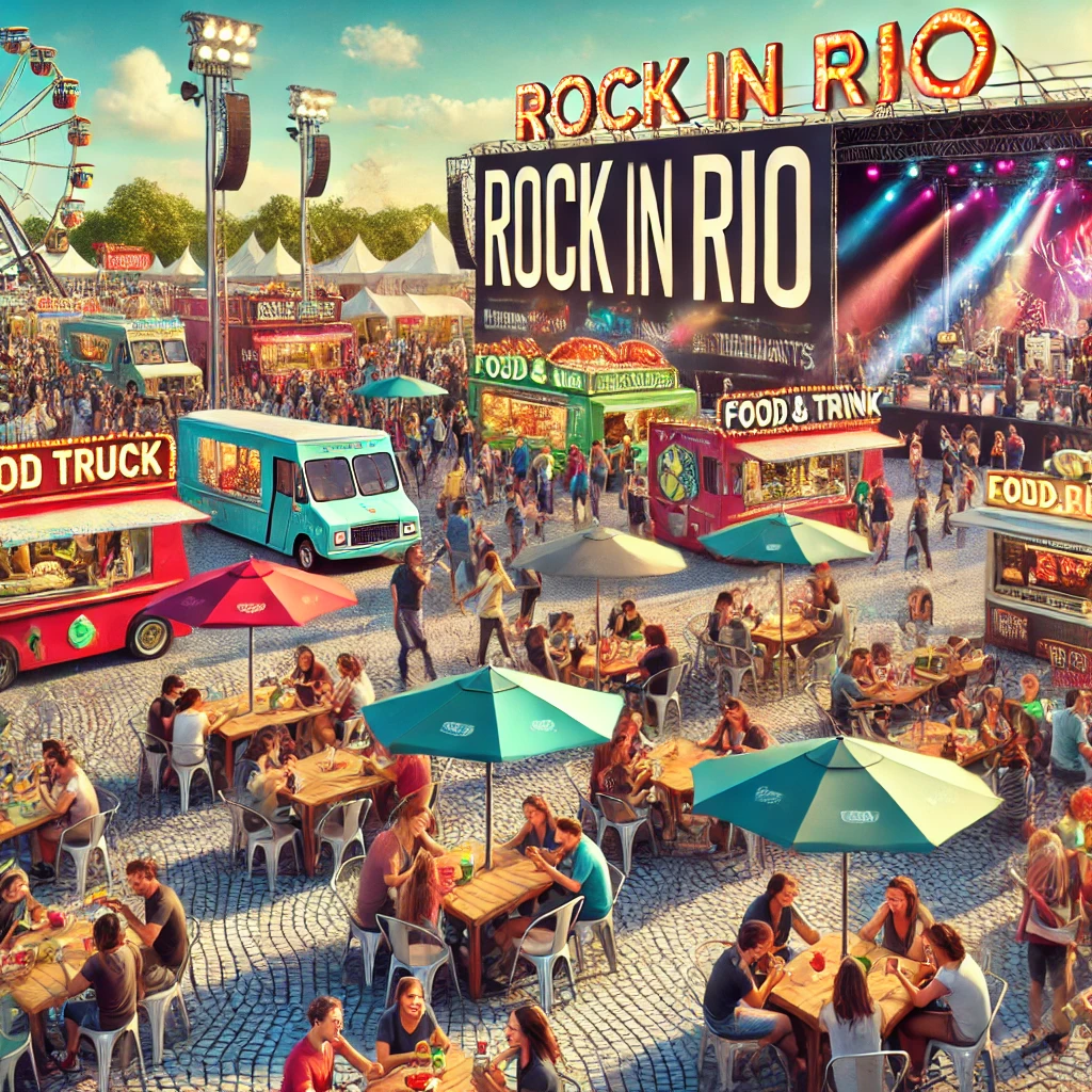 Imagem do festival Rock in Rio mostrando uma área vibrante com food trucks, restaurantes e bares, com pessoas desfrutando de comida e bebida, capturando a energia e a diversidade gastronômica do evento.