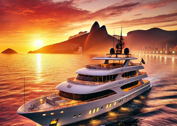 Iate de luxo navegando ao pôr do sol na Baía de Guanabara com vista para o Pão de Açúcar no Rio de Janeiro.