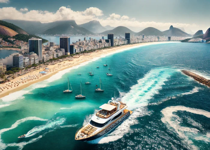 Vista deslumbrante das praias famosas do Rio de Janeiro, incluindo Copacabana e Ipanema, com um barco navegando próximo à costa.
