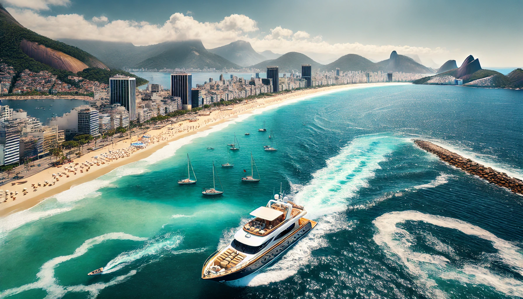 Vista deslumbrante das praias famosas do Rio de Janeiro, incluindo Copacabana e Ipanema, com um barco navegando próximo à costa.