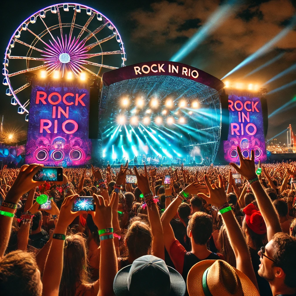 Cena vibrante do Rock in Rio à noite, com uma multidão de pessoas animadas em frente a um palco iluminado, usando chapéus e óculos de sol, com a roda-gigante iluminada ao fundo.