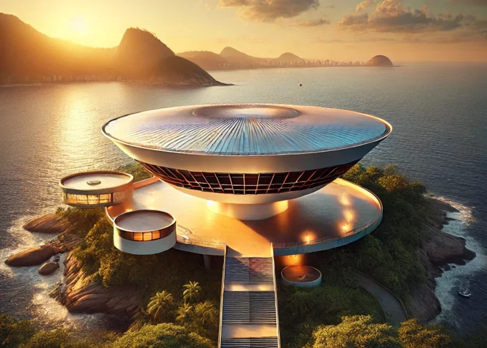 Vista do Museu de Arte Contemporânea (MAC) em Niterói, com seu design futurista e a Baía de Guanabara ao fundo durante o pôr do sol.