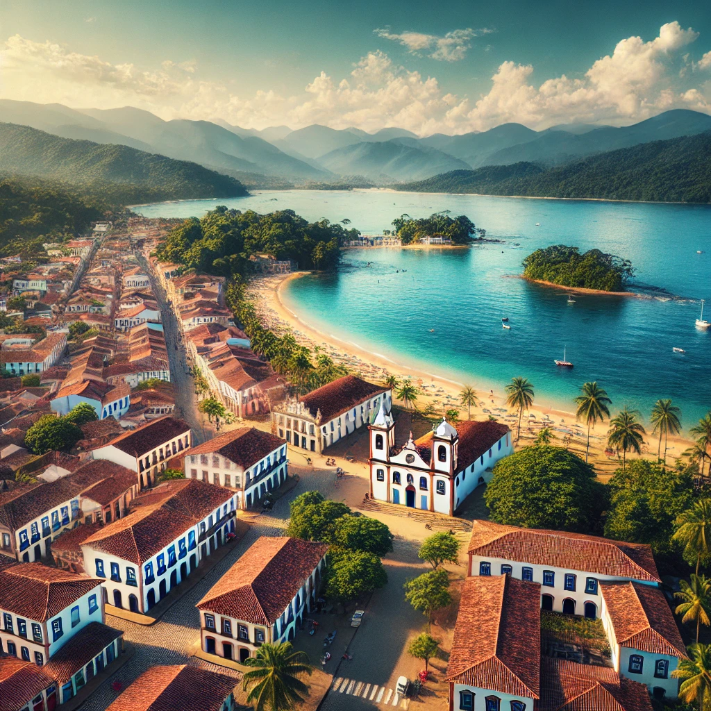 Vista aérea de Paraty, Brasil, mostrando a arquitetura colonial histórica do Centro Histórico, ruas de paralelepípedos, costa com águas azuis e montanhas verdes ao fundo.