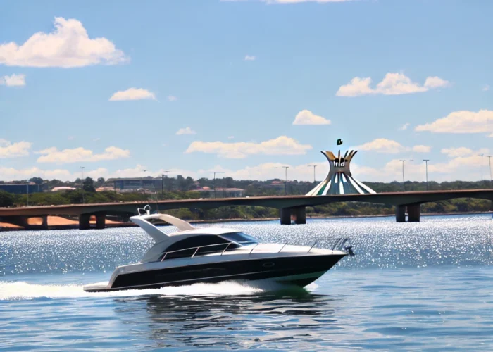 Lancha moderna navegando em águas claras e serenas de Brasília em um dia ensolarado, com o skyline da cidade e a Ponte Juscelino Kubitschek ao fundo.