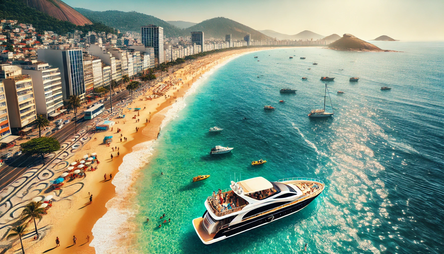 Vista da Praia de Copacabana no Rio de Janeiro, com sua linha costeira em forma de crescente, areias douradas e um barco luxuoso ancorado próximo à praia.