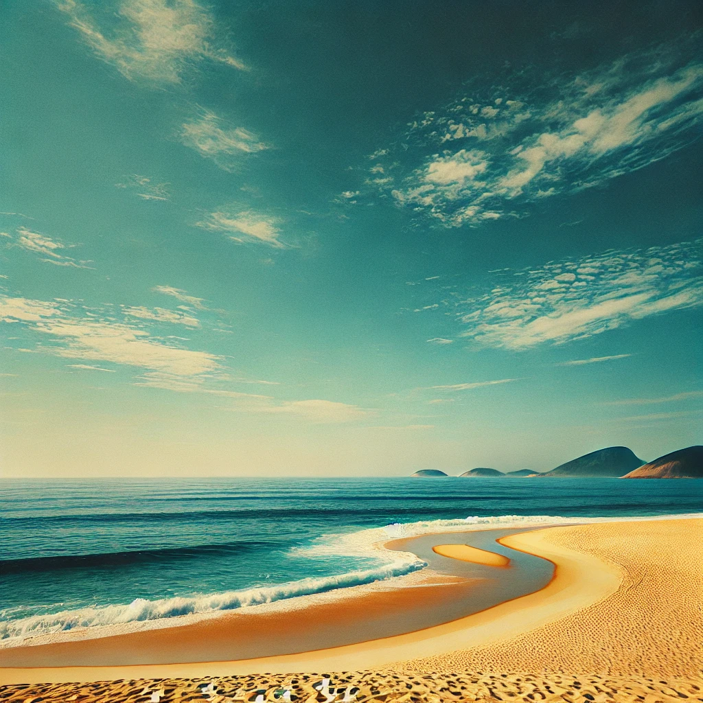 Vista simples de uma praia no Rio de Janeiro com areias douradas, mar azul e céu claro. A praia está serena e quase vazia.