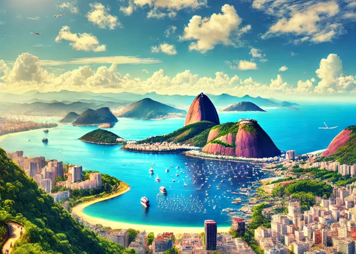 Vista panorâmica vibrante e ensolarada do Rio de Janeiro, destacando o Pão de Açúcar, o oceano azul e barcos navegando na baía.