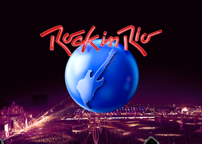 Logotipo oficial do Rock in Rio, com o icônico desenho da guitarra vermelha sobre um globo azul, representando o famoso festival de música internacional realizado no Brasil.