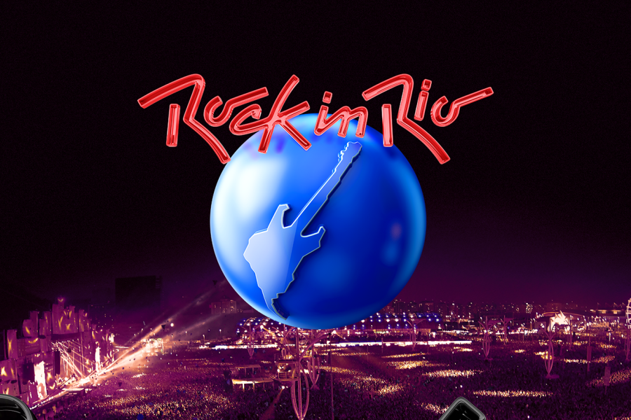 Logotipo oficial do Rock in Rio, com o icônico desenho da guitarra vermelha sobre um globo azul, representando o famoso festival de música internacional realizado no Brasil.