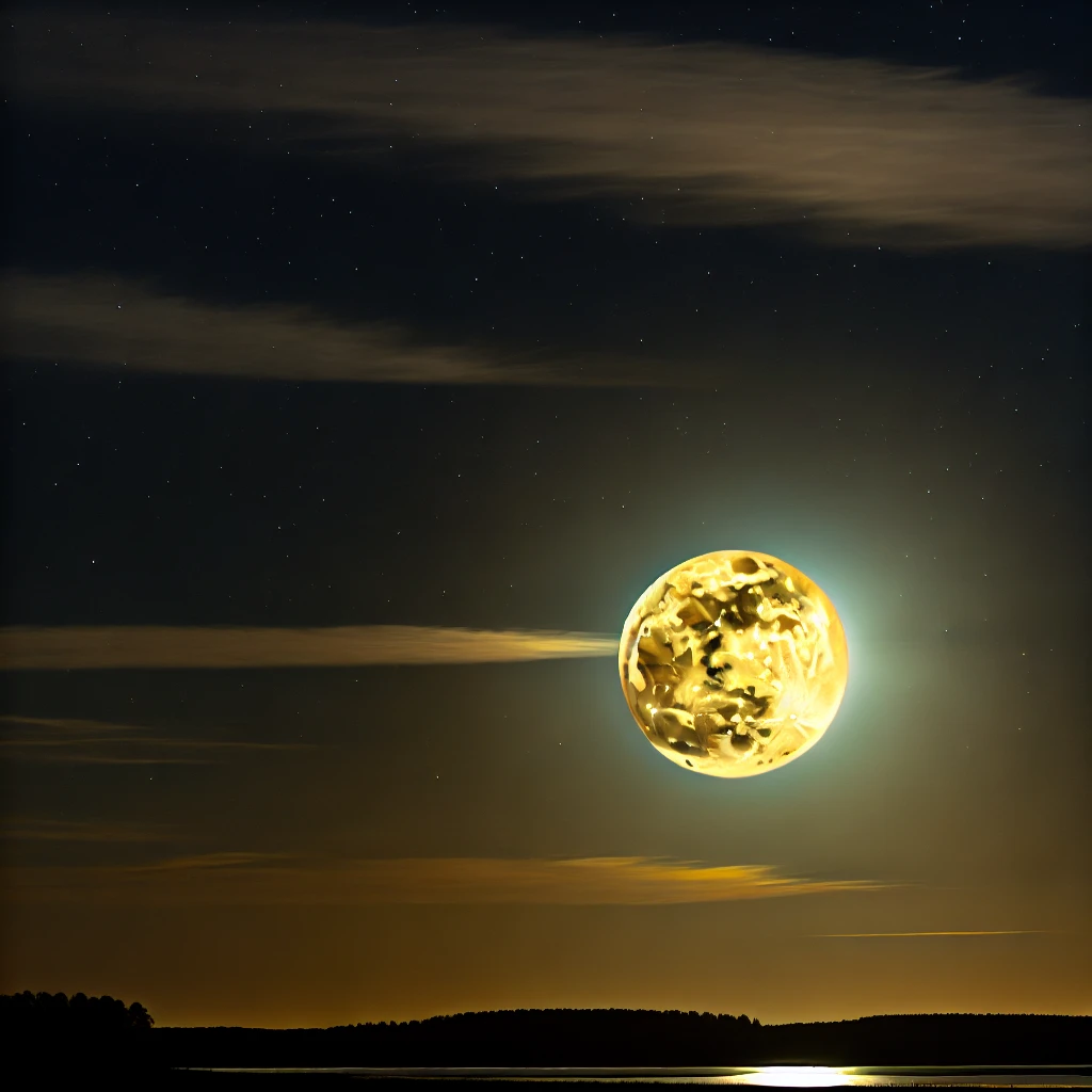 Imagem de uma superlua brilhante no céu noturno, com a lua aparecendo maior e mais luminosa do que o normal, refletida em um lago tranquilo com árvores silhuetadas ao fundo. A superlua domina a cena com seu brilho intenso.