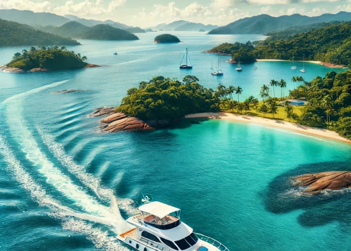 Barco alugado navegando próximo a ilhas tropicais no Brasil, em um cenário de águas azuis cristalinas e vegetação exuberante, representando a experiência de aluguel de barcos em destinos como Angra dos Reis, no Brasil.
