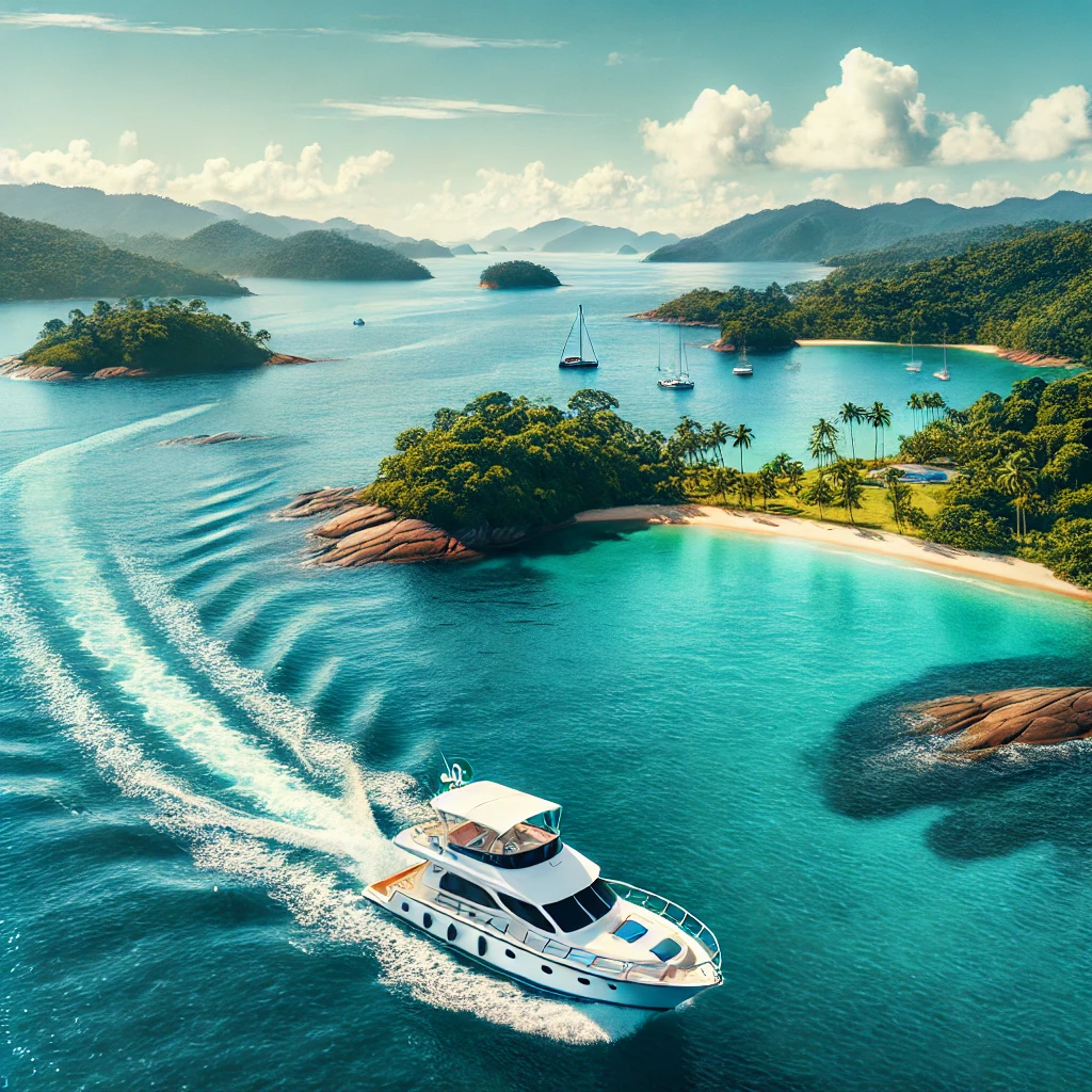 Barco alugado navegando próximo a ilhas tropicais no Brasil, em um cenário de águas azuis cristalinas e vegetação exuberante, representando a experiência de aluguel de barcos em destinos como Angra dos Reis, no Brasil.