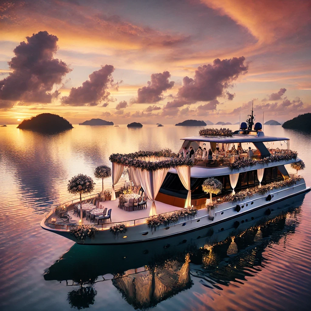 Lancha de luxo decorada com flores e iluminação romântica para um casamento, navegando ao pôr do sol em águas tranquilas, sem pessoas a bordo.